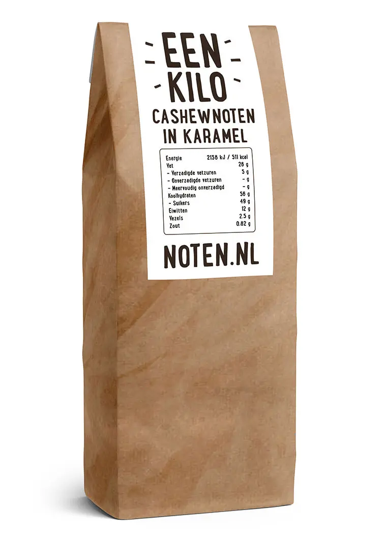 Een kilogram gekarameliseerde cashewnoten van Noten.nl