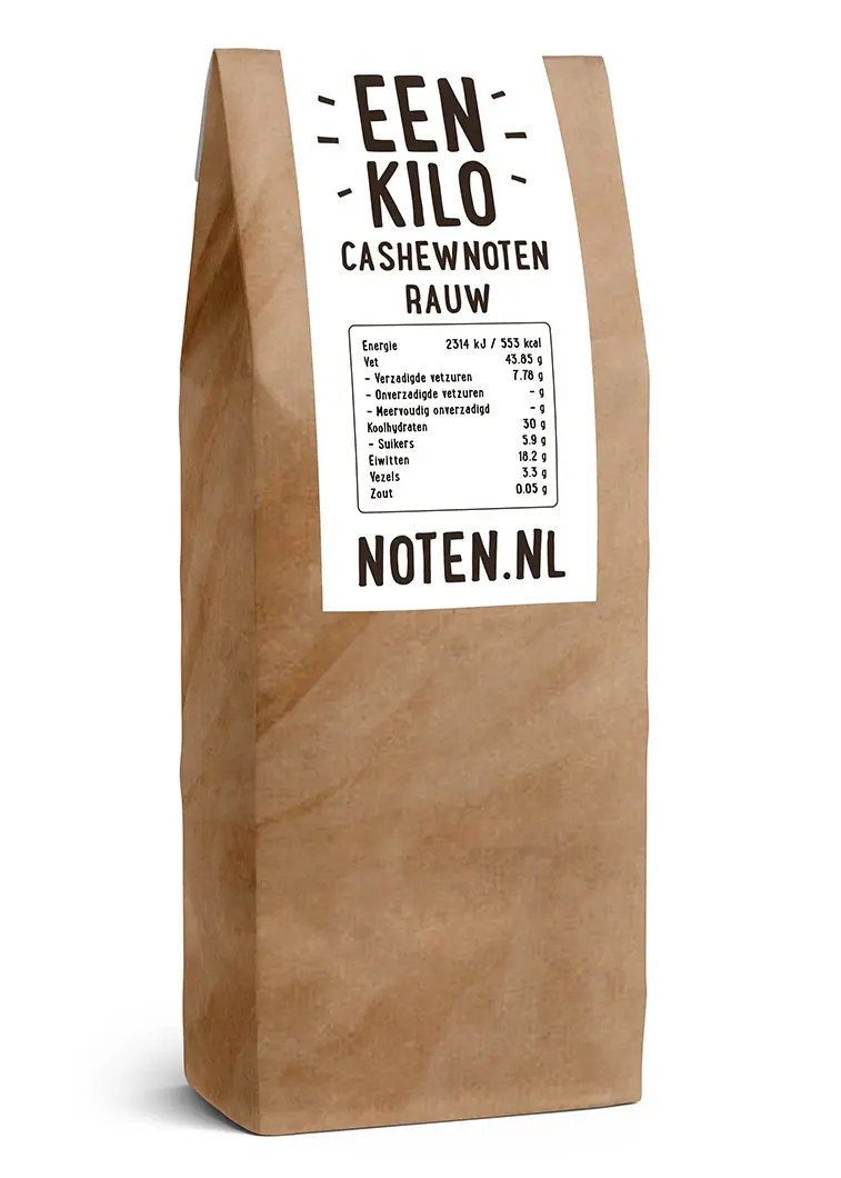 Een zakje met 1 kilo rauwe cashewnoten van Noten.nl