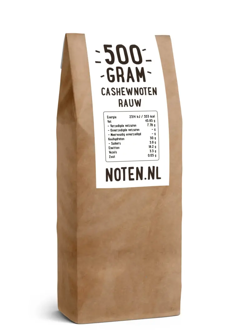 Een zakje met 500 gram rauwe cashewnoten van Noten.nl