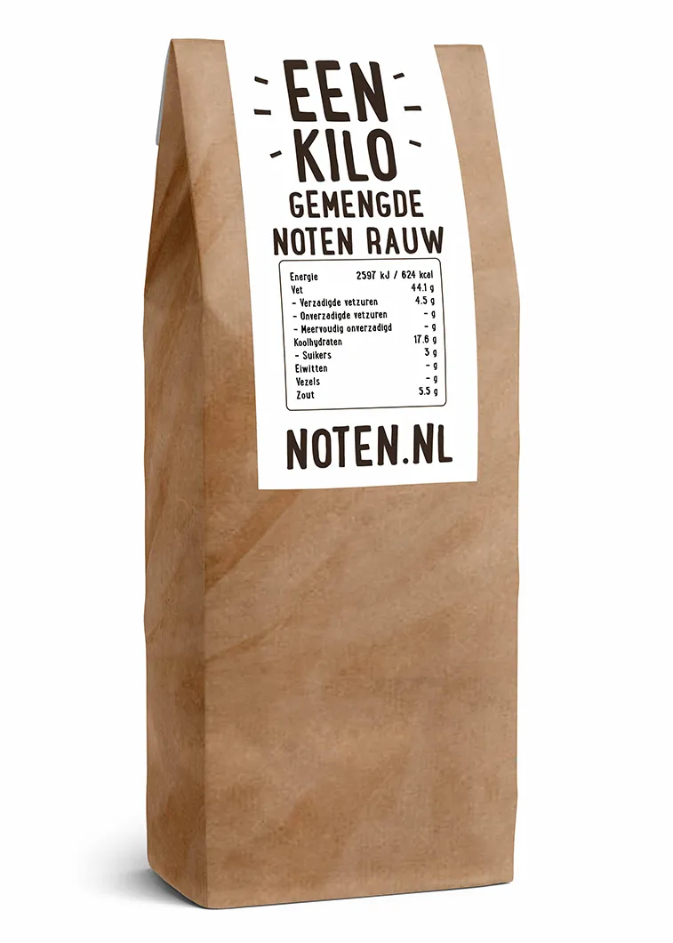 Een zakje met 1 kilo gevulde rauwe notenmix van Noten.nl