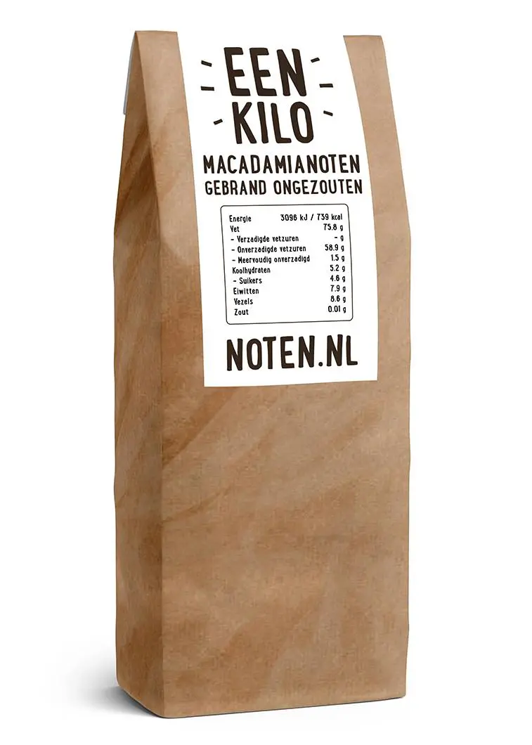 Een zakje met een kilo gebrande en ongezouten macadamianoten van Noten.nl