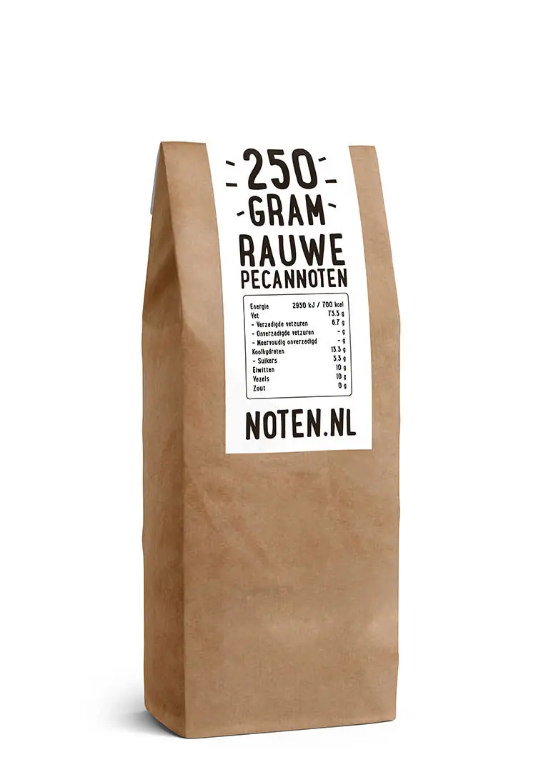 Een zakje met 250 gram A-kwaliteit rauwe pecannoten van Noten.nl