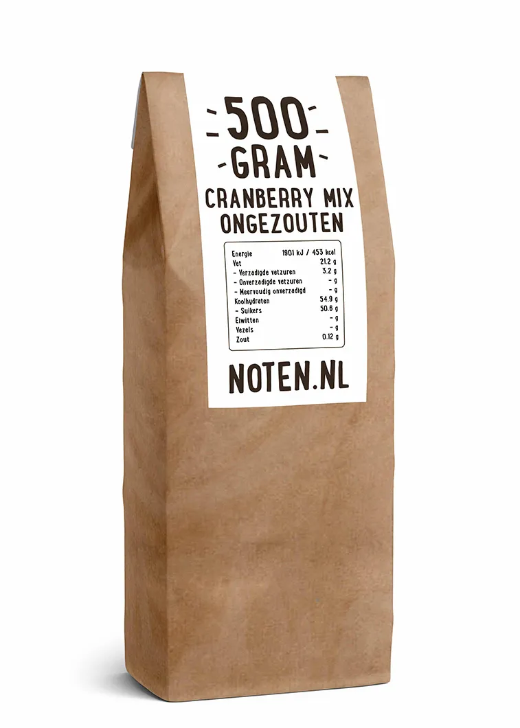 Een zakje met 500 gram cranberry mix ongezouten van Noten.nl (A-kwaliteit)