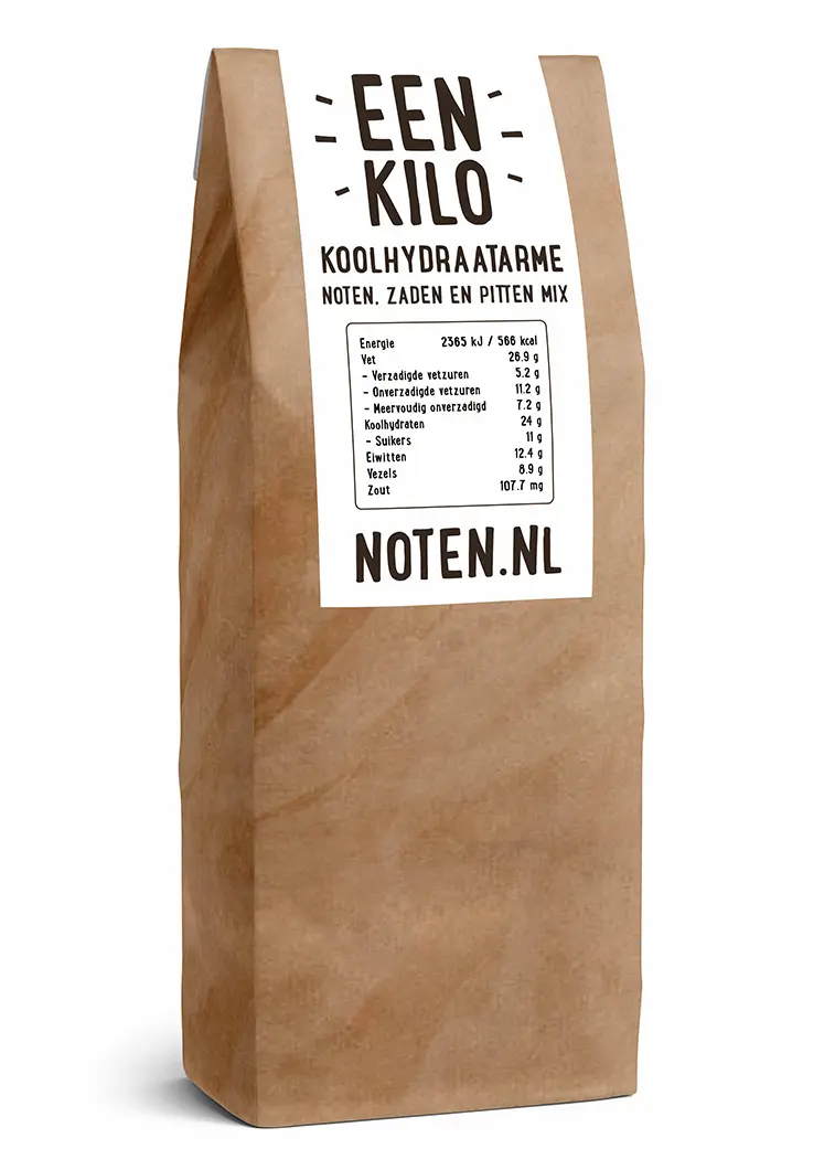 Een zakje met 1 kilo koolhydraatarme noten, zaden en pitten mix van Noten.nl