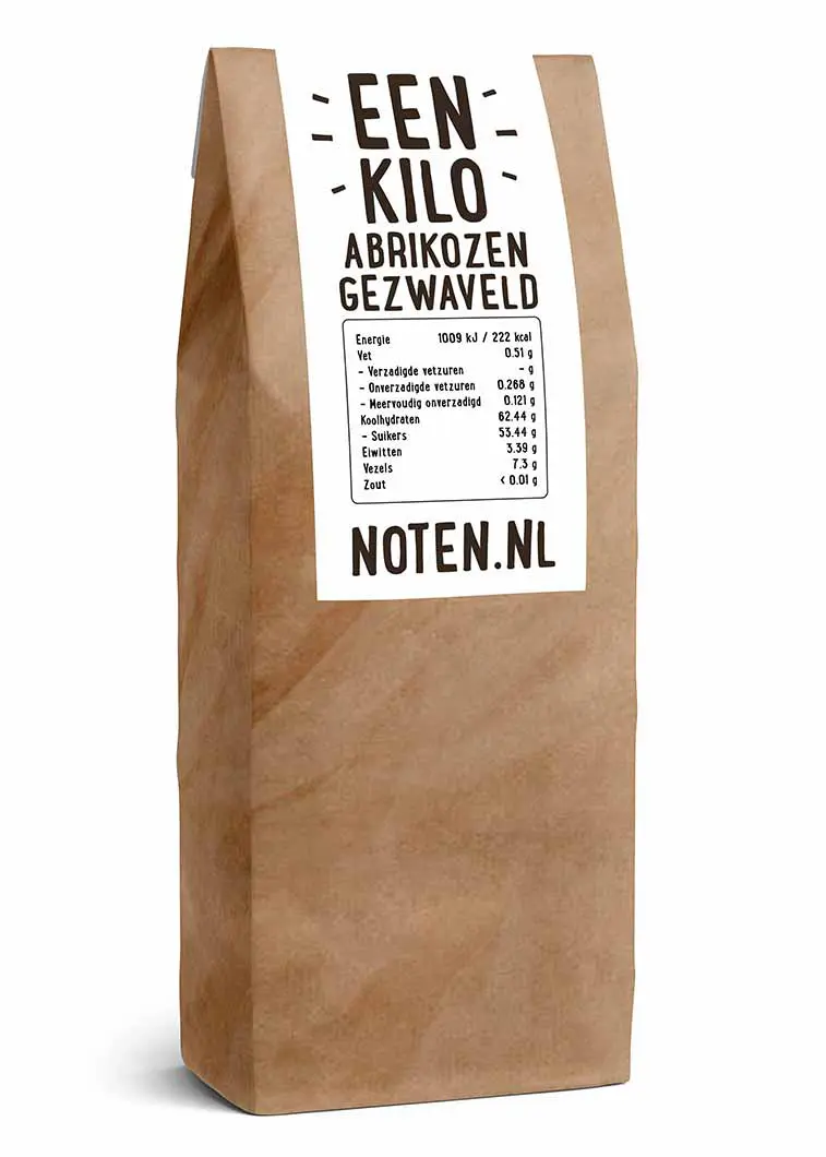 Een zakje met een kilo gezwavelde (zoete) abrikozen van Noten.nl