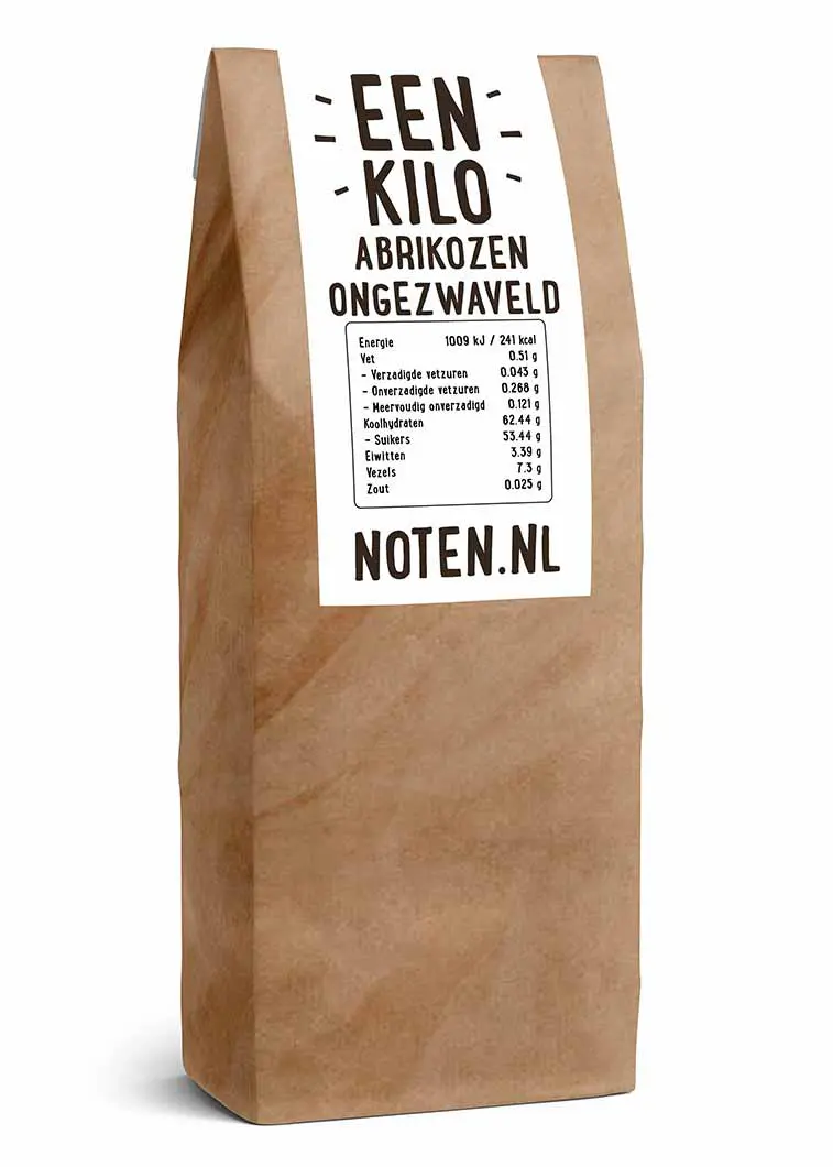 Een zakje met een kilo A-kwaliteit ongezwavelde abrikozen van Noten.nl