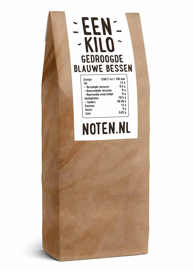 Een zakje met een kilo gedroogde blauwe bessen van Noten.nl