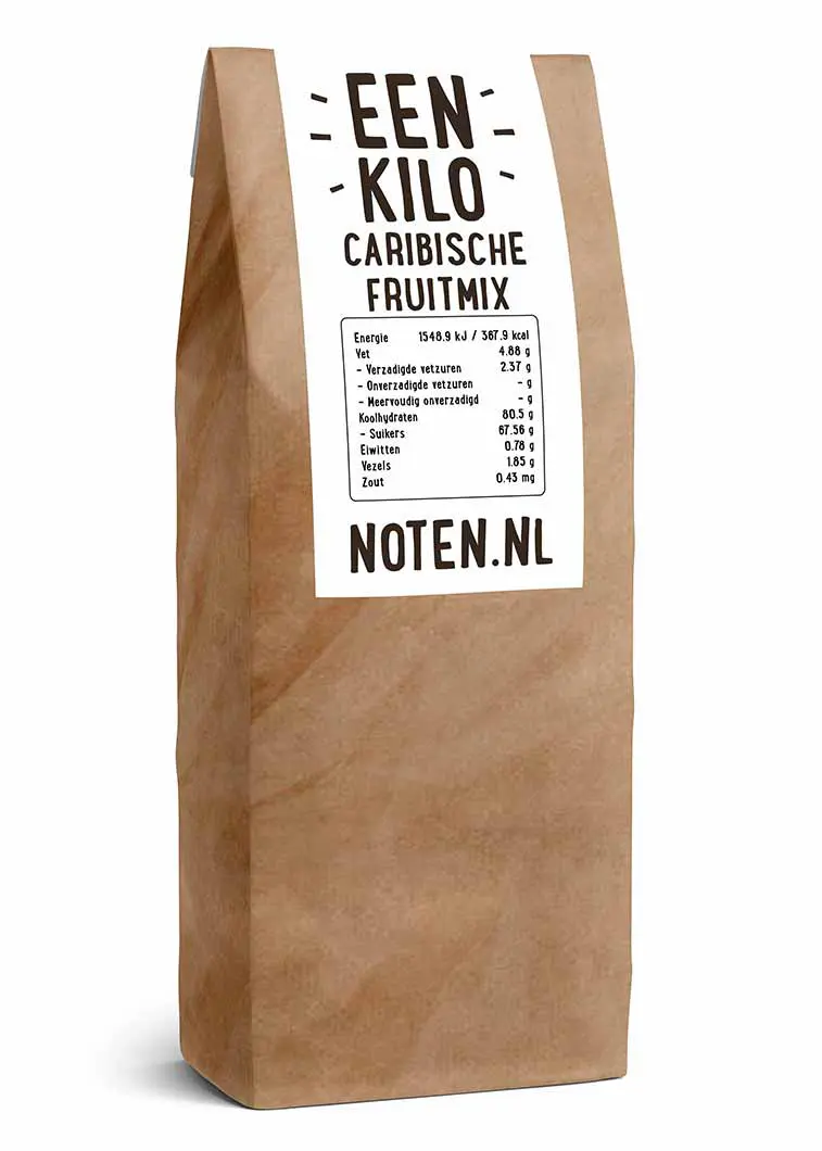 Een zakje met een kilo Caribische Fruitmix van Noten.nl