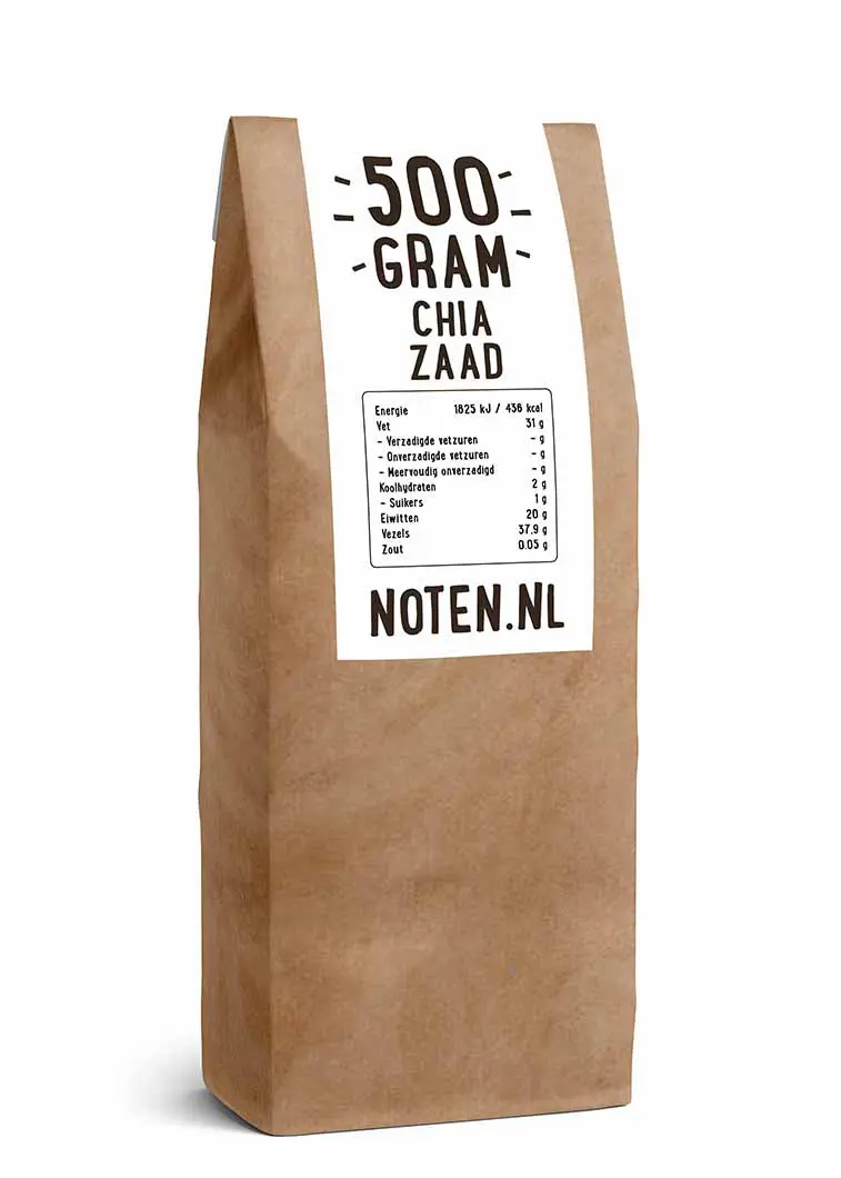 Een zakje met 500 gram A-kwaliteit Chia zaad van Noten.nl