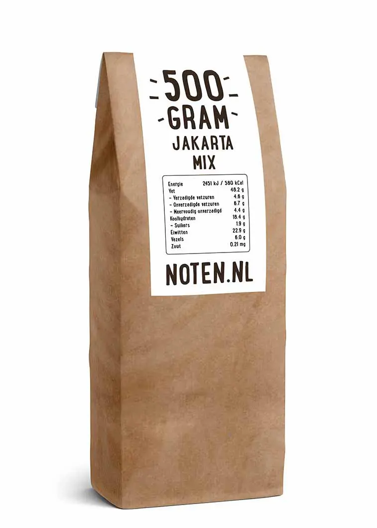 Een zakje met 500 gram Jakarta Mix van Noten.nl