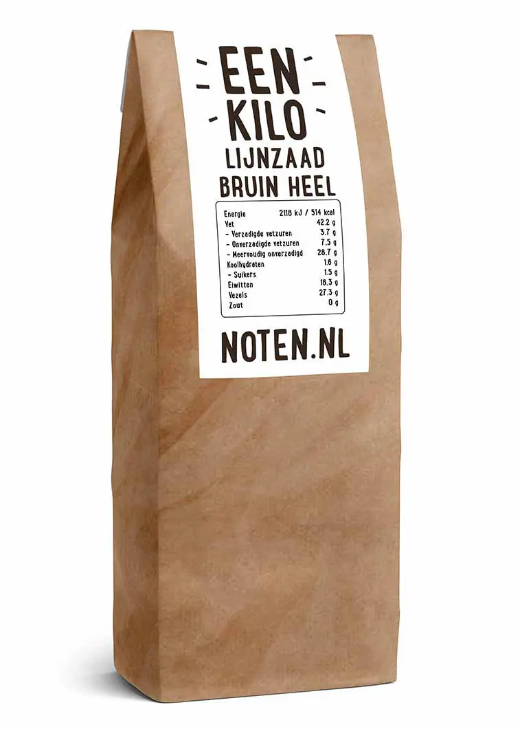 Een zakje met een kilo bruin lijnzaad (heel) van Noten.nl