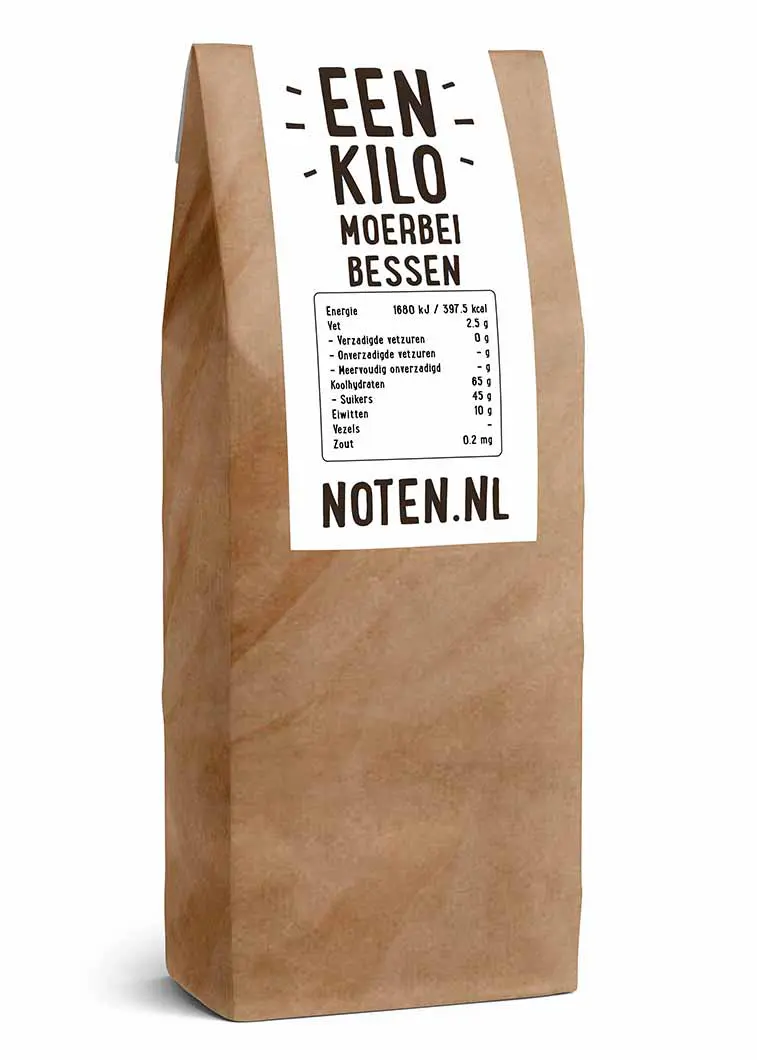 Een zakje met een kilo A-kwaliteit moerbeibessen van Noten.nl