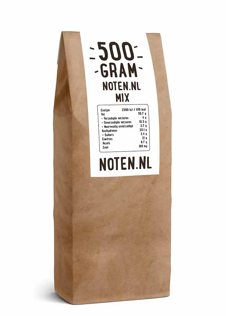 Een zakje met 500 gram exclusive Noten.nl notenmix