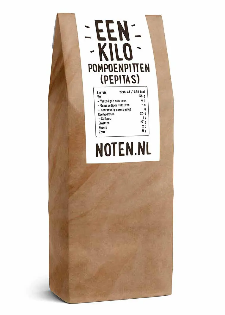 Een zakje met een kilo extra geschoonde pompoenpitten (pepitas) van Noten.nl