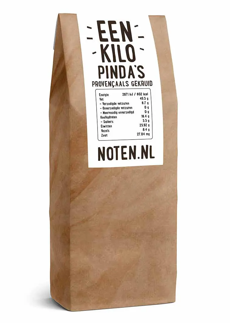 Een zakje met een kilo Provencaals gekruide pinda's van Noten.nl