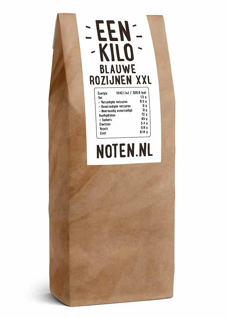 Een zakje met een kilo grote blauwe rozijnen van Noten.nl