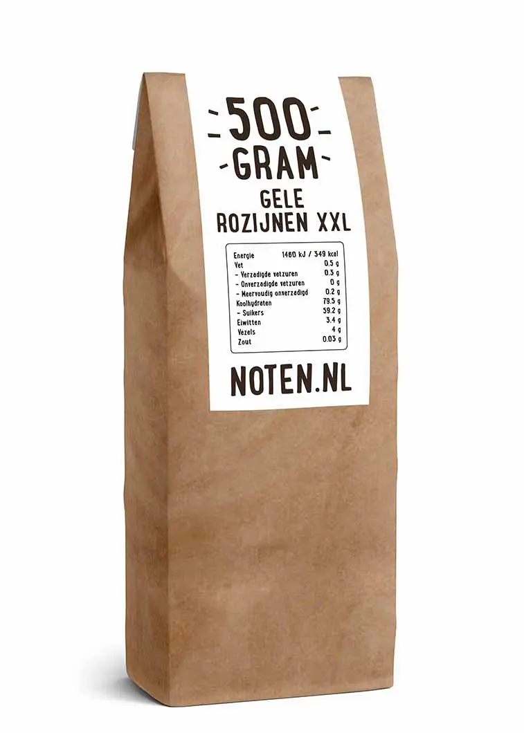 Een zakje met 500 gram extra grote gele rozijnen van Noten.nl