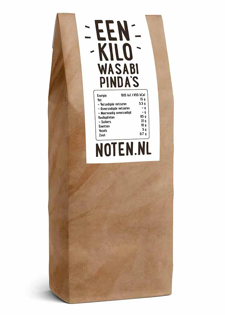 Een zakje met 1 kilo Wasabi Pinda's (HOT) van Noten.nl